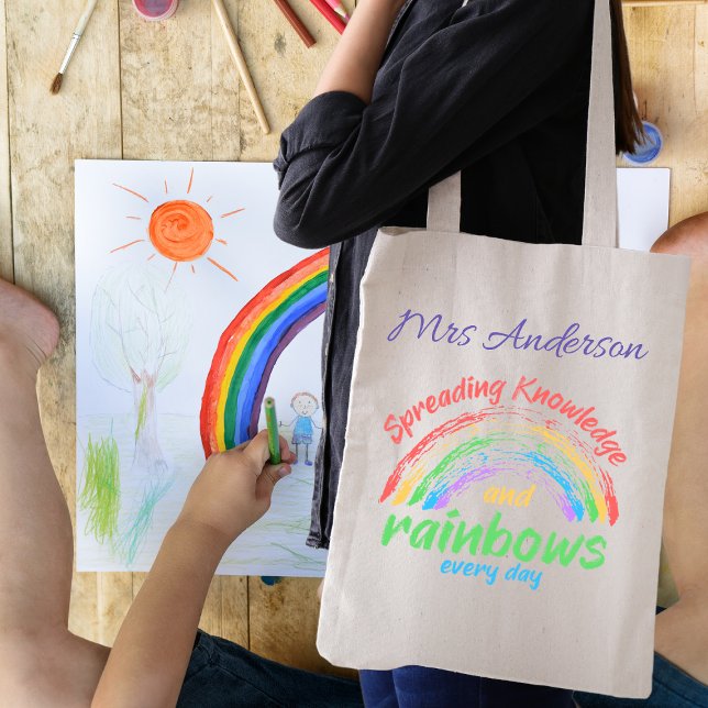 Knowledge and Rainbows Colorful Teacher Gift Tote Bag (Creator Uploaded)
