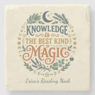 Knowledge is Magic Book Witch Botanical Moon Stone Coaster