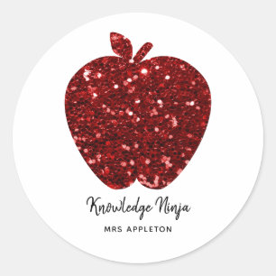 Knowledge Ninja Faux Glitter Red Apple Teacher Classic Round Sticker