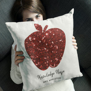 Knowledge Ninja Faux Glitter Red Apple Teacher Cushion