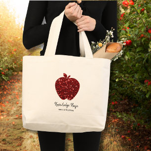 Knowledge Ninja Faux Glitter Red Apple Teacher  Large Tote Bag