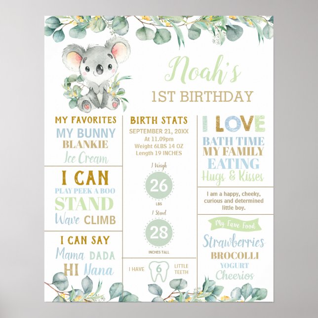 Koala 1st Birthday Milestone Birth Stat Eucalyptus Poster (Front)