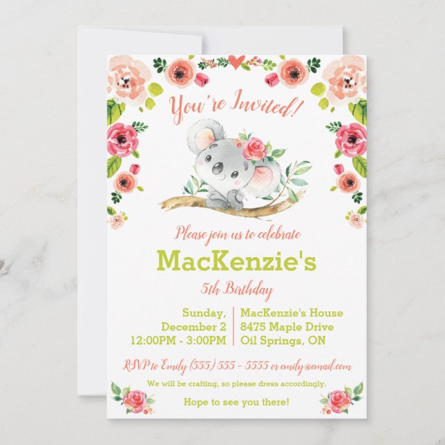 Koala and Floral Birthday Party Invitation (Front)