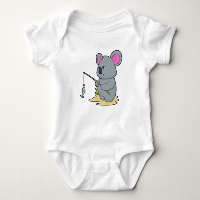 Koala as Fisher with Fishing rod & Fish Baby Bodysuit (Front)