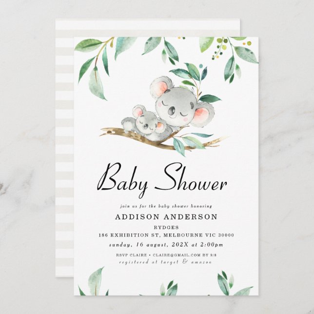 Koala Bear And Foliage Baby Shower Invitation (Front/Back)