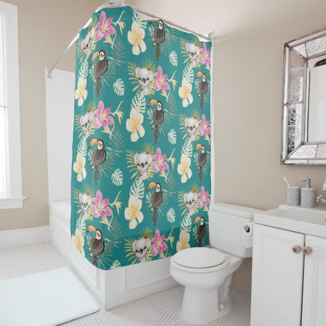 Koala Bear and Toucan Bird Teal Pattern Shower Curtain (In Situ)