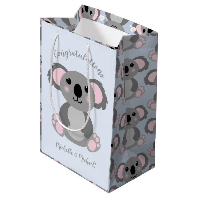 Koala Bear Baby Shower Blue Medium Gift Bag (Back Angled)