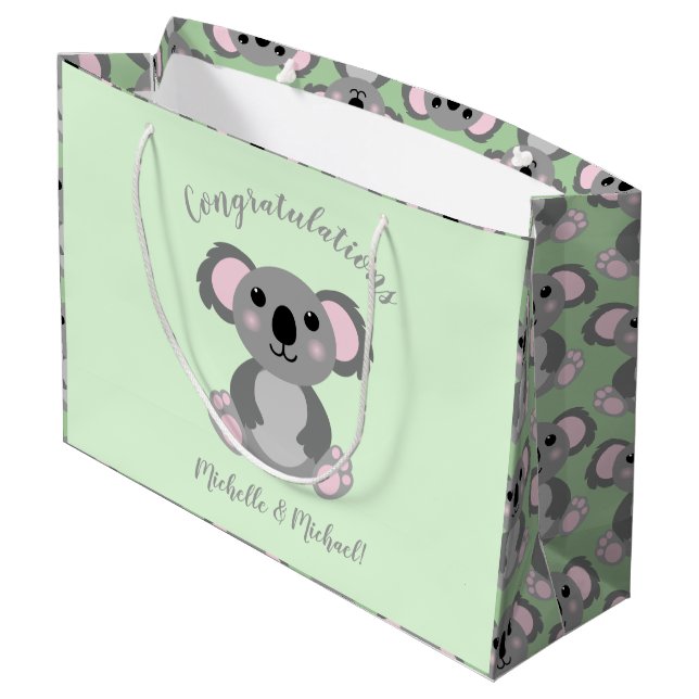 Koala Bear Baby Shower Green Gender Neutral Large Gift Bag (Back Angled)