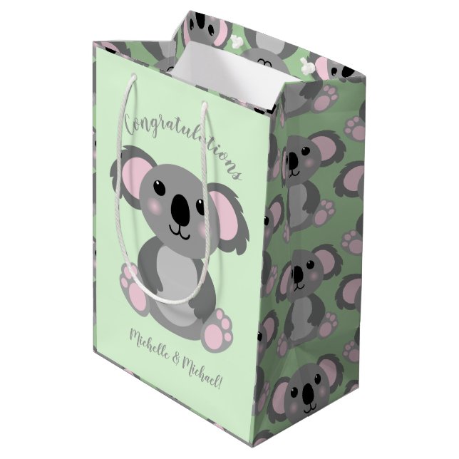 Koala Bear Baby Shower Green Gender Neutral Medium Gift Bag (Back Angled)