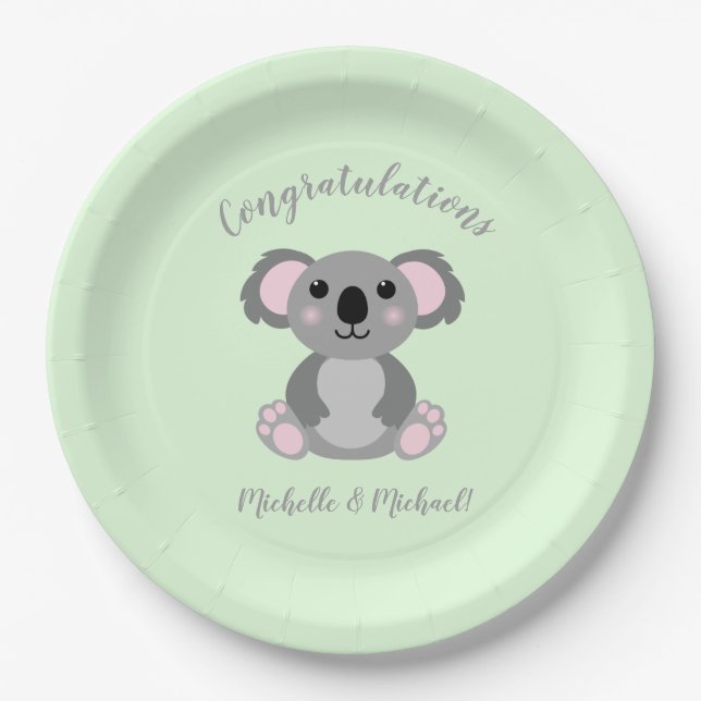 Koala Bear Baby Shower Green Gender Neutral Paper Plate (Front)