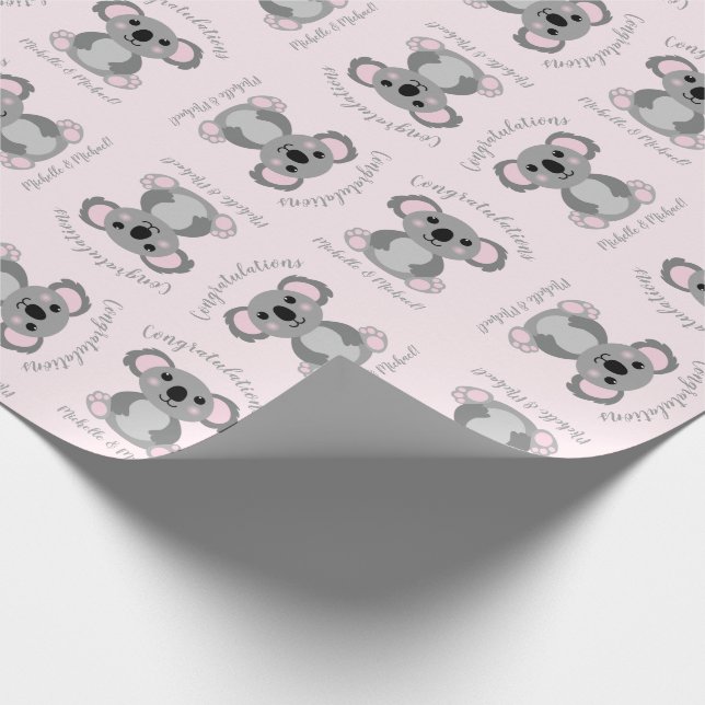 Koala Bear Baby Shower Pink Girl Wrapping Paper (Corner)
