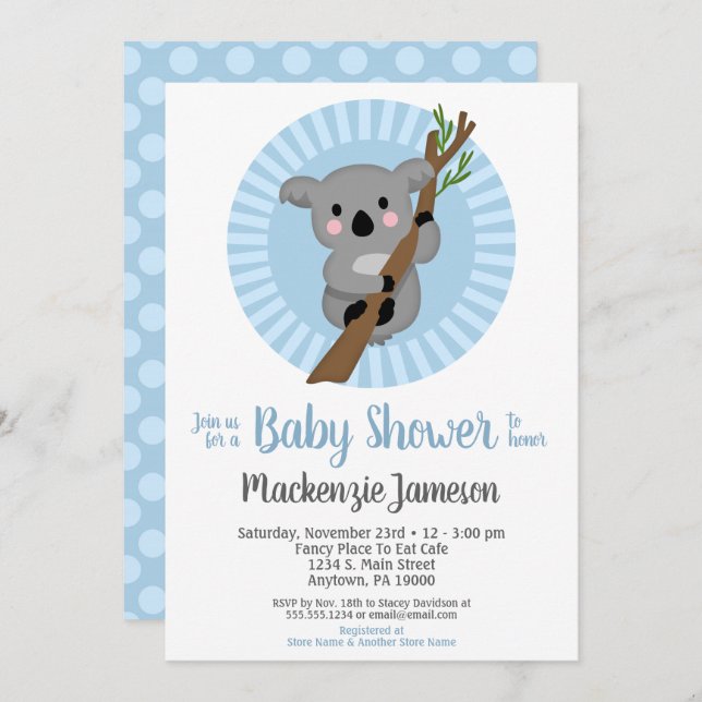 Koala Bear Blue Boys Baby Shower Invitation (Front/Back)