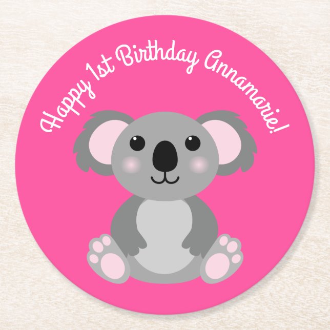 Koala Bear Cute Kid Birthday Party Round Paper Coaster (Front)