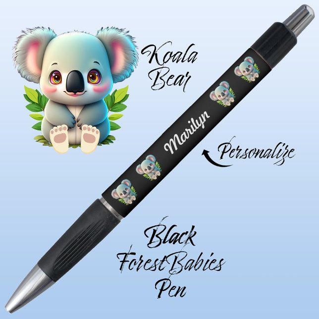 Koala Bear, Cute Whimsical Woodland Animal Black (Cute Whimsical Koala Bear, Australian Animal Cartoon Graphic, Black Customizable ForestBabies Pen 🐨)