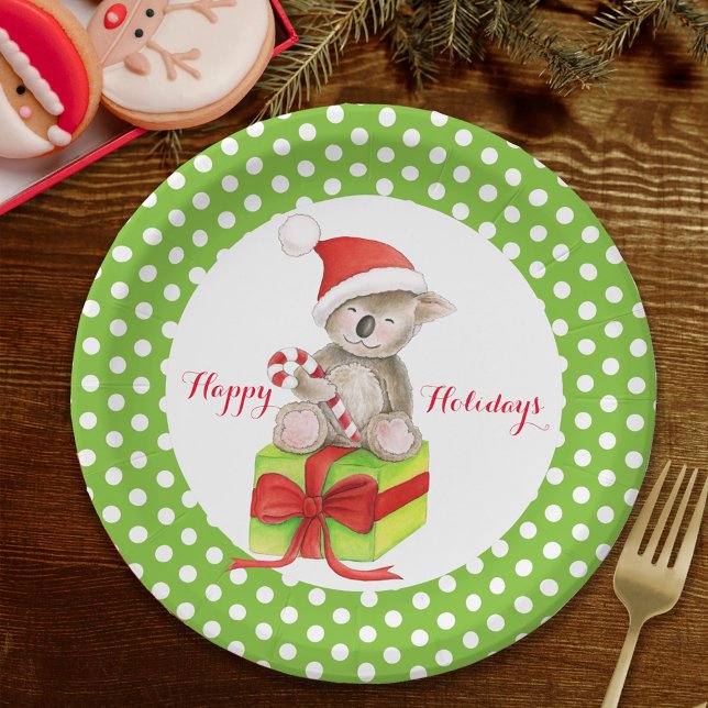 Koala bear Happy Holidays green party paper plate (Creator Uploaded)