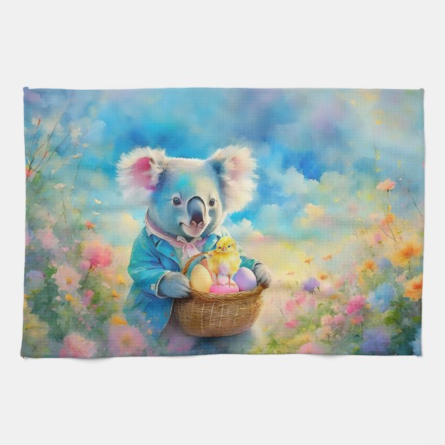 Koala bear holding a basket of Easter eggs Tea Towel (Horizontal)