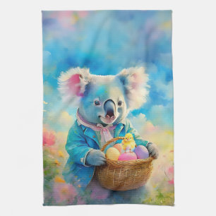 Koala bear holding a basket of Easter eggs Tea Towel