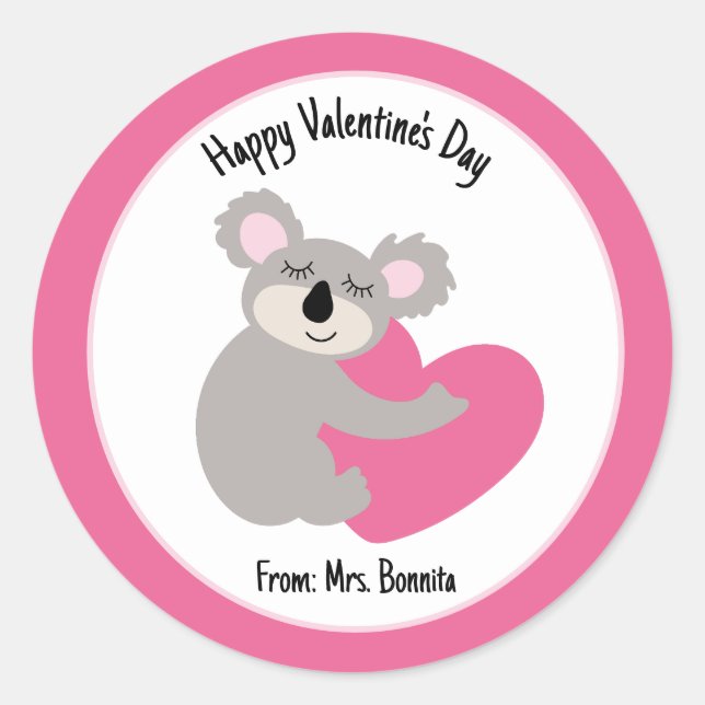 Koala Bear Hugging Heart Valentine's Day Favour Classic Round Sticker (Front)