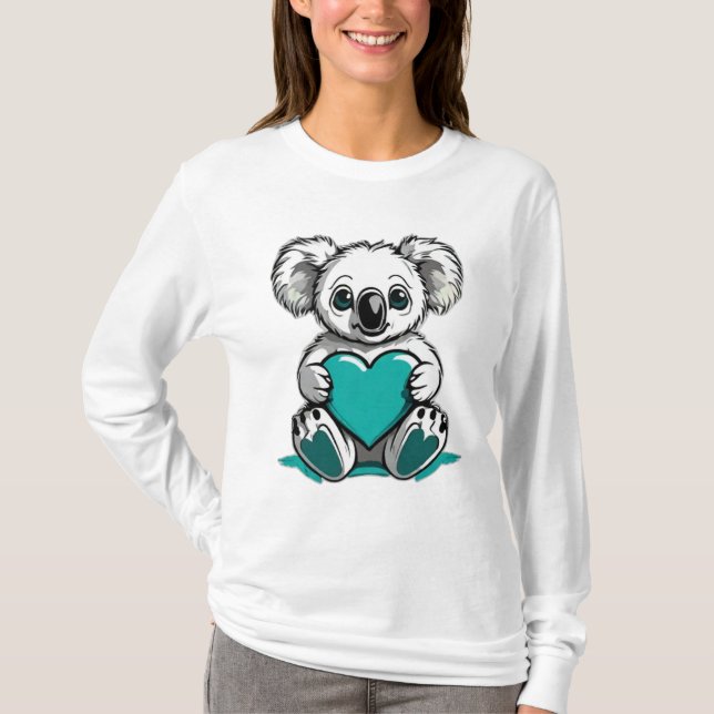 Koala Bear Hugging Teal Heart T-Shirt (Front)