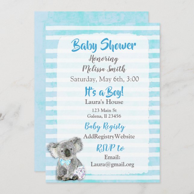 Koala Bear Its a Boy  Baby Shower Invitations (Front/Back)