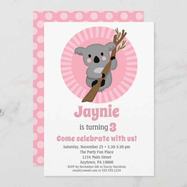 Koala Bear Pink Birthday Party Invitation (Front/Back)