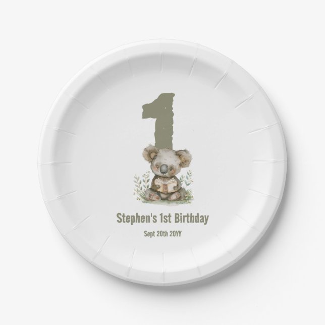  Koala Bear Sage Green 1st Birthday Party  Paper Plate (Front)