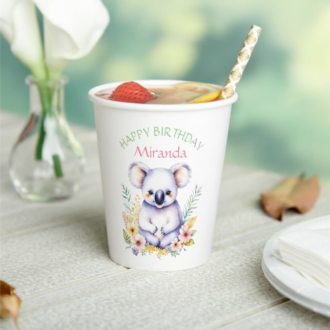 Koala Bear Themed Girl's Happy Birthday Paper Cups (Insitu)