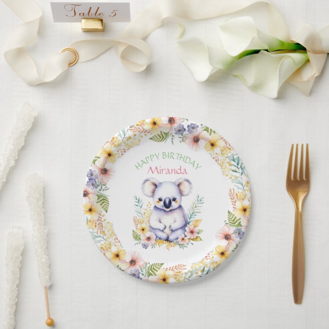 Koala Bear Themed Girl's Happy Birthday Paper Plate (Wedding)