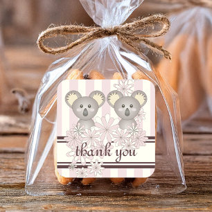 Koala Bear Twin Girls Pastel Pink Thank You Square Sticker