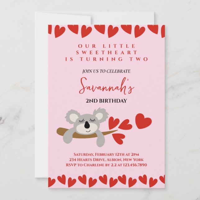 Koala Bear Valentine's Day Birthday Hearts  Invitation (Front)