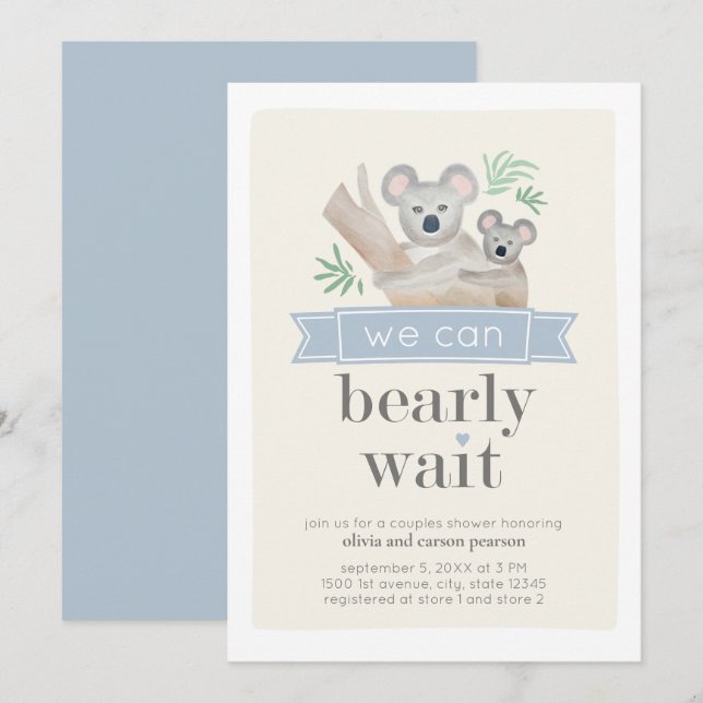 Koala Bear We Can Bearly Wait Couples Baby Shower Invitation (Front/Back)