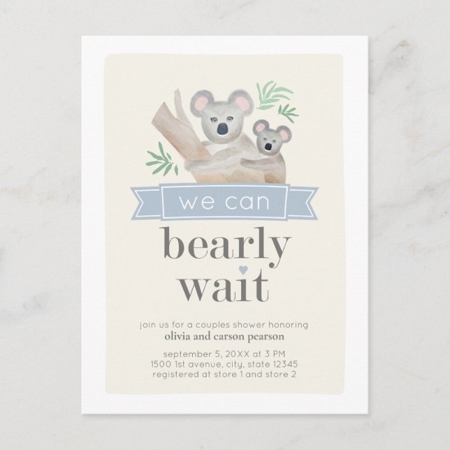 Koala Bear We Can Bearly Wait Couples Baby Shower Postcard (Front)