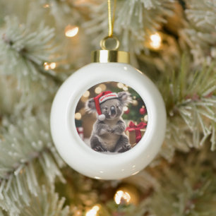 Koala Bear Wearing Santa Hat,  Ceramic Ball Christmas Ornament
