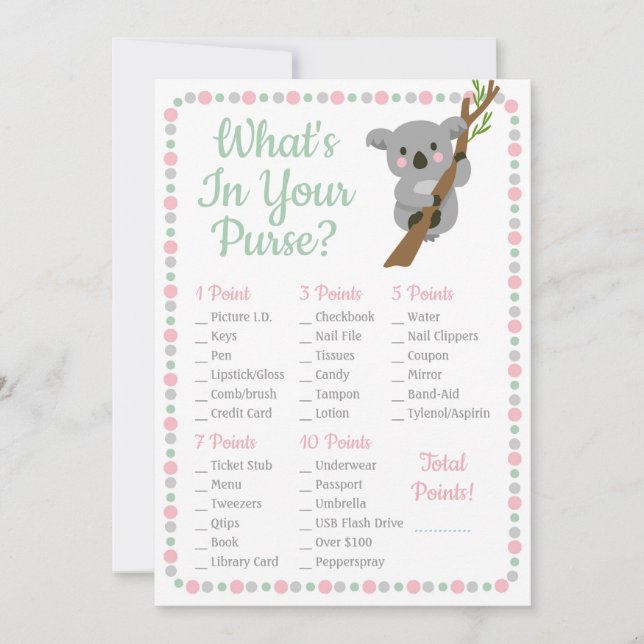 Koala Bear What's In Your Purse Shower Game Pink (Front)