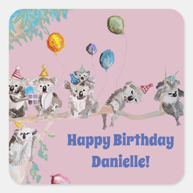 Koala Bears Birthday Party Animal Girls Pink Square Sticker (Front)