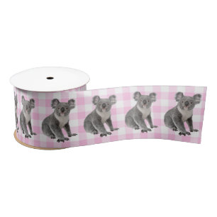 Koala Bears on Pink and White Gingham Satin Ribbon