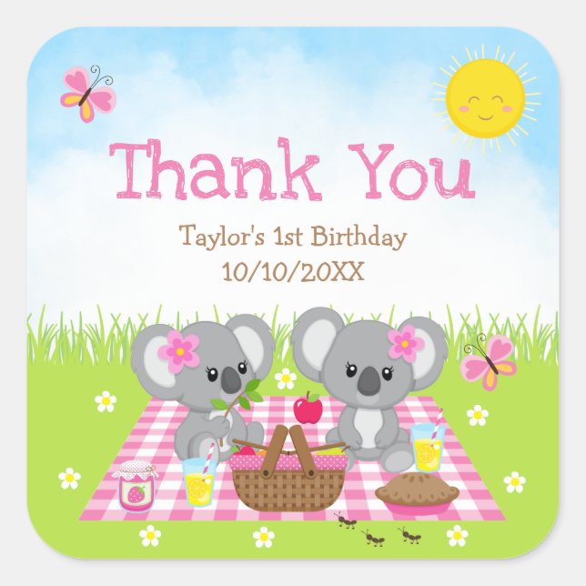 Koala Bears Picnic Birthday Pink Gingham Thank You Square Sticker (Front)