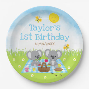 Koala Bears Picnic Blue Gingham Birthday Party Paper Plate