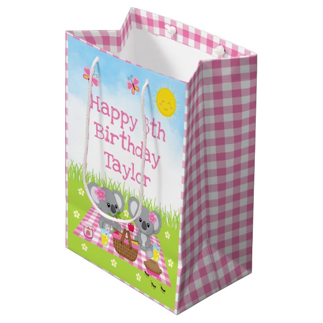 Koala Bears Picnic Pink Gingham Happy Birthday Medium Gift Bag (Front Angled)