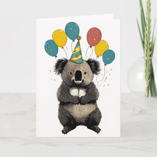 Koala Birthday Card – Cute Party Animal (Front)