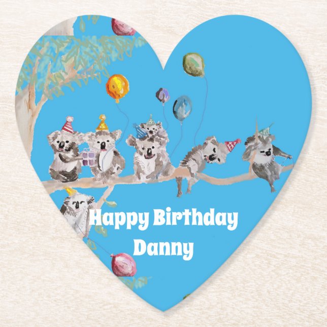 Koala Birthday Party Blue Paper Party Coaster (Front)