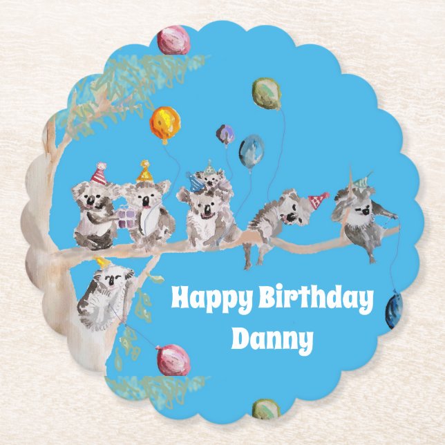 Koala Birthday Party Blue Paper Party Coaster (Front)