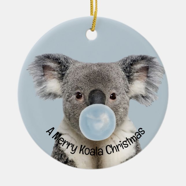 Koala Blowing a Blue Bubble gum Christmas Greeting Ceramic Tree Decoration (Front)