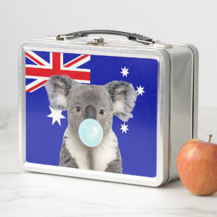 Koala Blowing Blue Bubble gum Australian Flag Metal Lunch Box