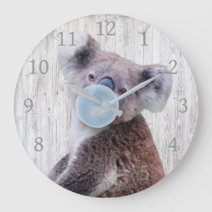 Koala Blowing Blue Bubble gum Wood Texture   Large Clock