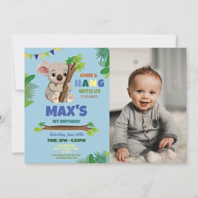 Koala Blue Party Birthday Cute Photo Invitation (Front)