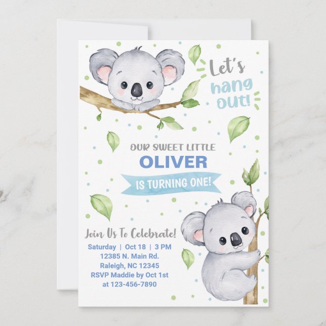 Koala boy birthday invitation, any age. invitation (Front)