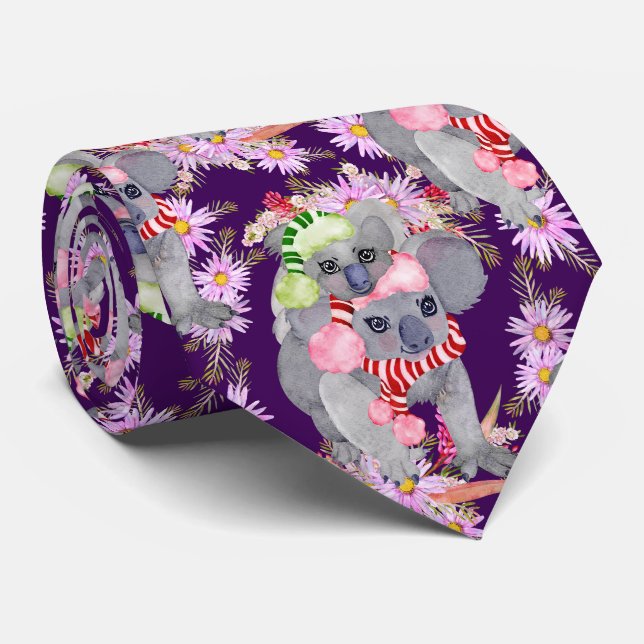 Koala Christmas Botanical Festive Purple Tie (Rolled)