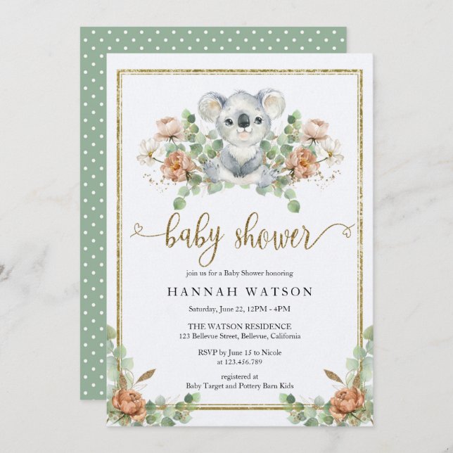 Koala Eucalyptus Woodland Elegant Baby Shower Invitation (Front/Back)