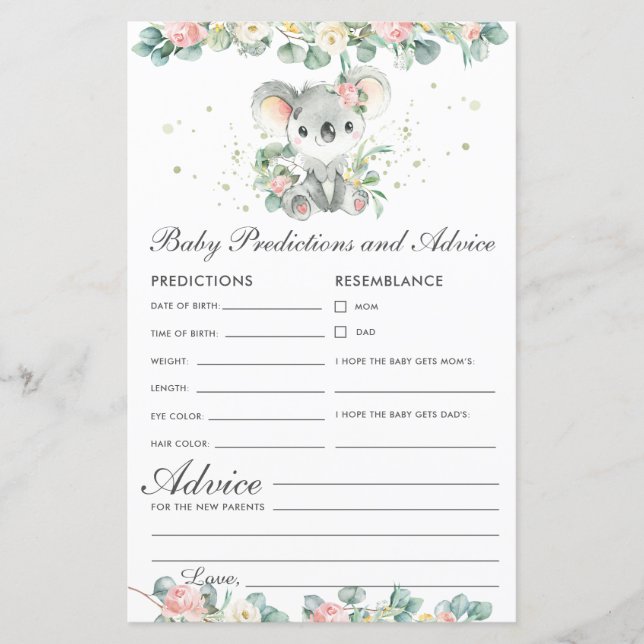 Koala Floral Greenery Baby Predictions and Advice (Front)